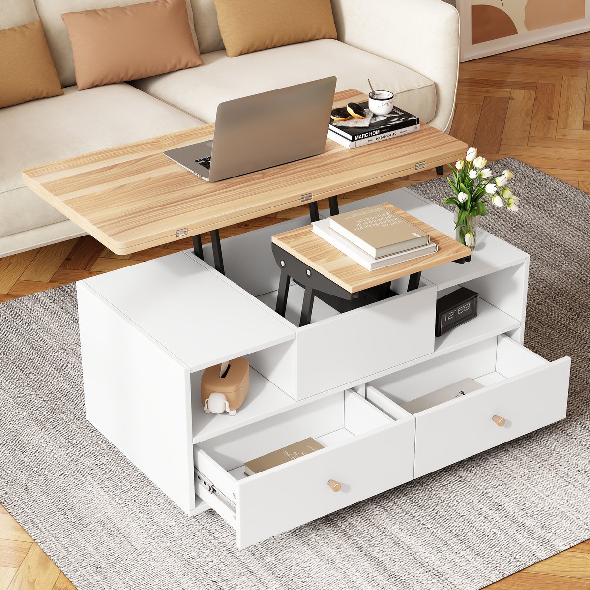 MIVRAY Salontafel - In Hoogte Verstelbaar Met Uitklapbaar Blad En 4 Lades - Voor Woonkamer En Eethoek - MDF - 100x50x47,5 Cm Wit