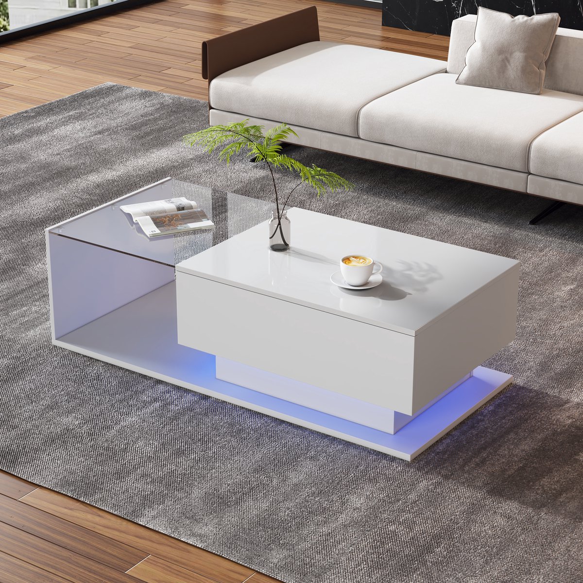 MIVRAY Salontafel - Hoogglans Blad Met Glas En Lade En Ledverlichting - Voor Woonkamer - Spaanplaat Wit - 100x50x32 Cm