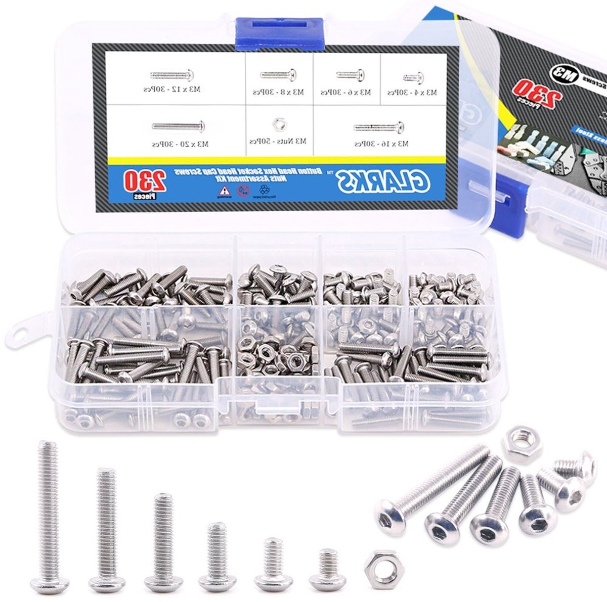 RVS M3 Inbusschroeven Set met Zeskant Aandrijving, Cilinderkop en Moeren Assortiment - 230 Stuks voor Diverse Toepassingen