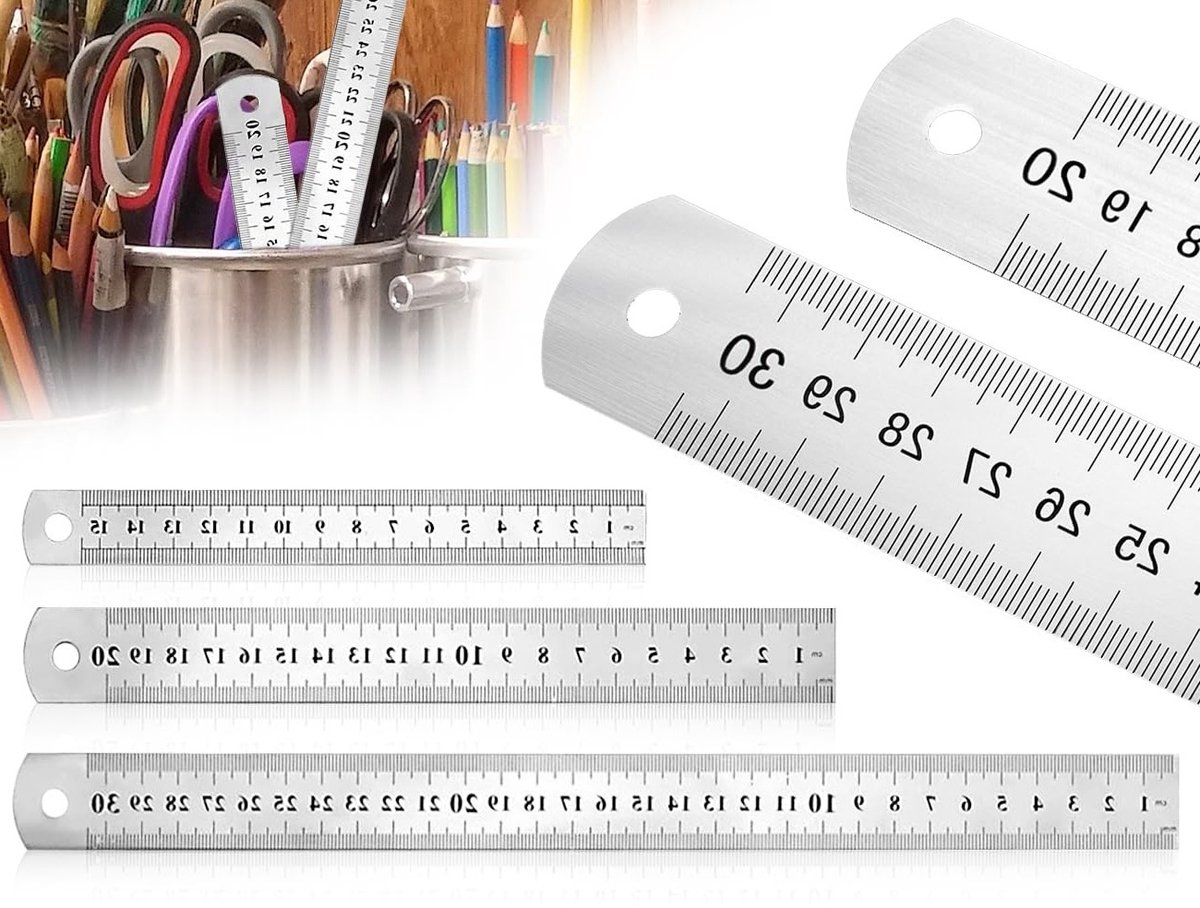 Set van 3 RVS Linialen, Rechte Liniaal met Dubbele Maatvoering, Precisie Meetinstrumenten van 15cm/20cm/30cm
