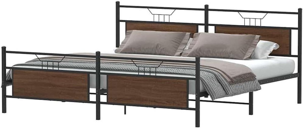 Bedframe Metaal - Ledikant Omranding - Goede Nachtrust - Stevige Stalen Constructie - 200x200 cm - Bruin Eikenkleur