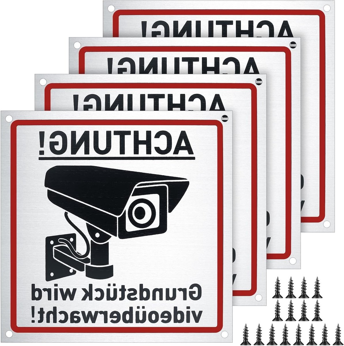 Videobewaking Set van 4 Stuks, 15 x 15 cm, Waarschuwingsborden en Instructieborden van Aluminium voor Binnen en Buiten, Geschikt voor Camera Surveillance en Beveiliging