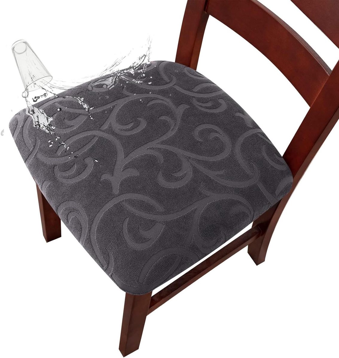 Stoelhoezen Eetkamer - Stoelbeschermers Slipcovers - Meubels Beschermen - Dubbele Waterdichte Laag - Past op de meeste stoelen - Bloempatroon Donkergrijs