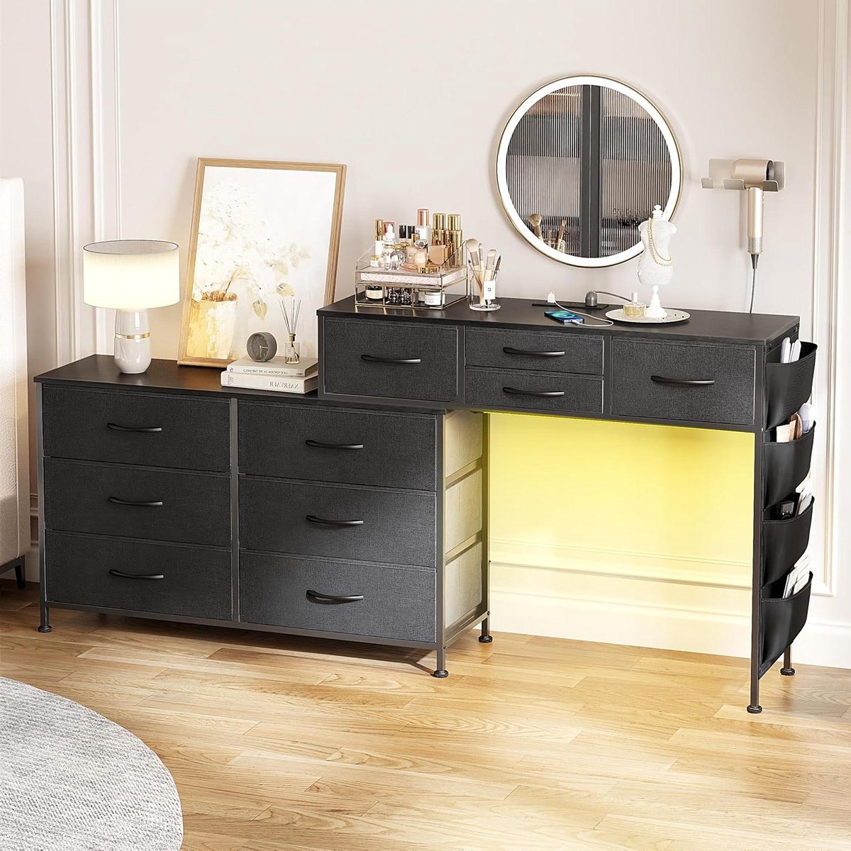 Dressoir met Laadstation - Kaptafel Ladekast - Slaapkamer Organiseren - 90° Draaibaar L-Vormig - 170 cm Breed - Zwart Grijs