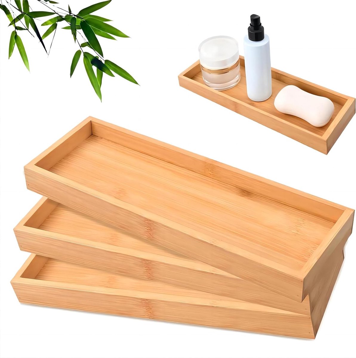 Set van 3 Bamboe Serveerplanken, Houten Opbergplanken, Rectangulaire Coasters voor Keuken en Badkamer, Ideaal voor Decoratie en Organisatie
