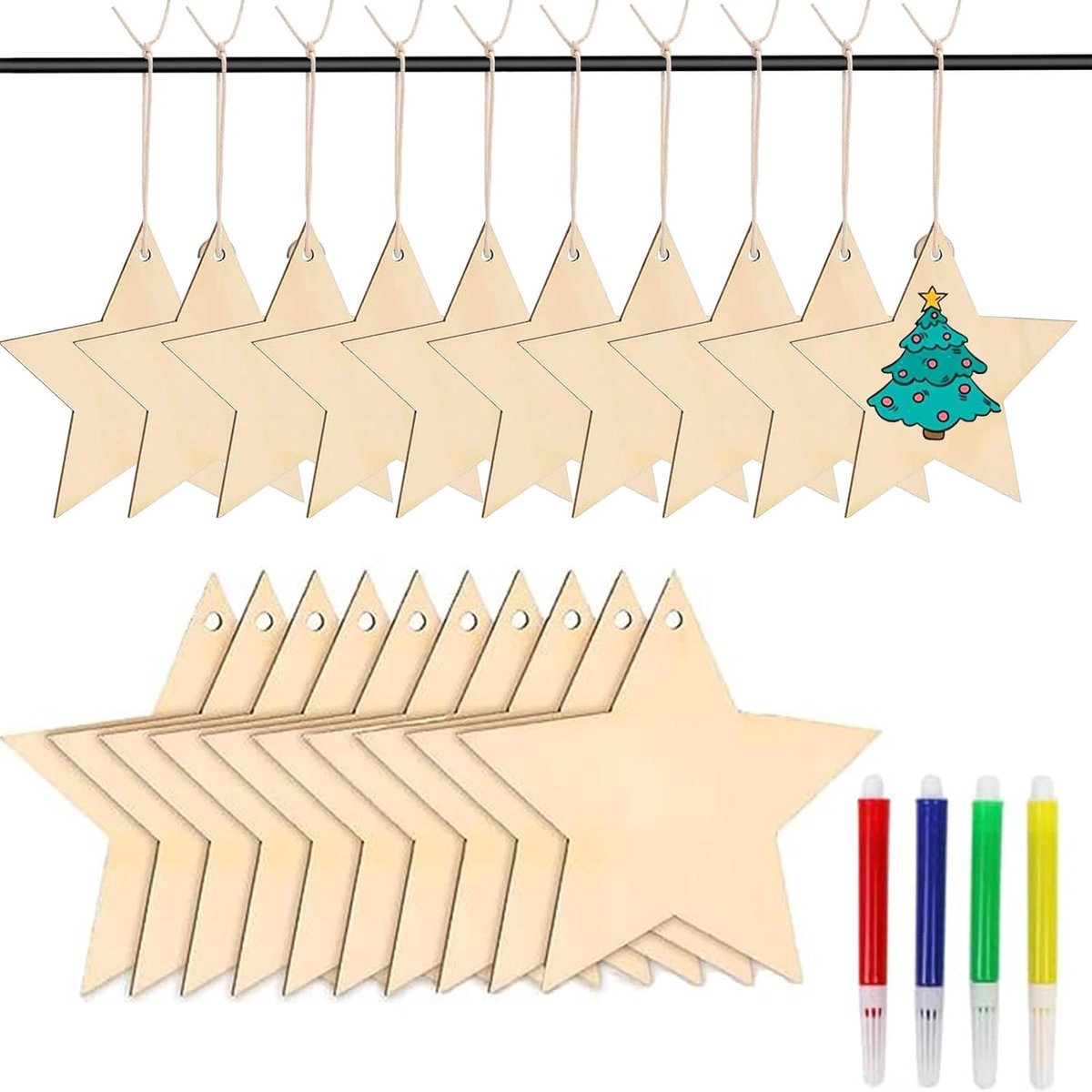 36 stuks houten hulstblaadjes voor knutselen - schilderen - kerstboomversiering - houten ornamenten met juterouw - sterren - houten hanger - feestdecoratie kerst