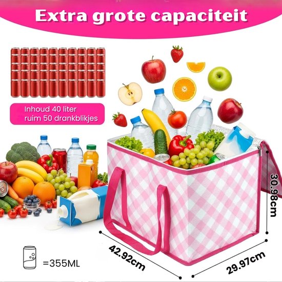 Grote Koeltas 40 Liter - XL Geïsoleerde Boodschappentas - Klassiek Geblokt Patroon (Gingham) - Opvouwbaar - Voor Picknick, Strand & Camping van Merkloos — afbeelding 5
