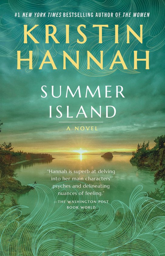 Couverture du livre 'Summer Island' de Kristin Hannah, représentant un paysage aquatique serein au coucher du soleil, entouré de lignes ondulées.