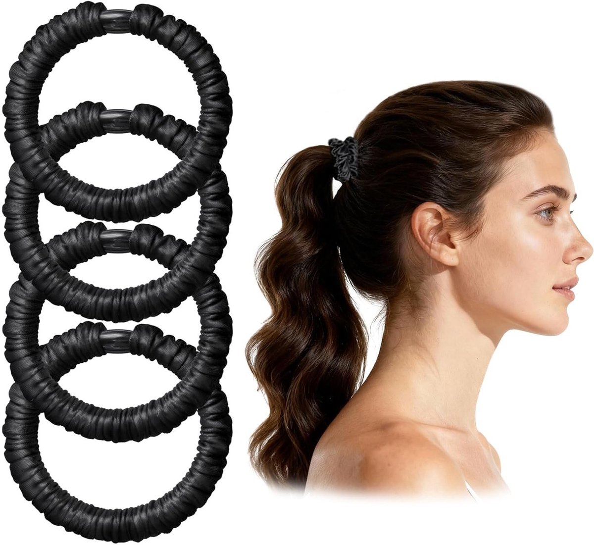 Set van 4 Zwarte Zijde Haarbanden van 19 Momme, Ideaal voor Ponytails en Haarstyling, Luxe Haaraccessoire