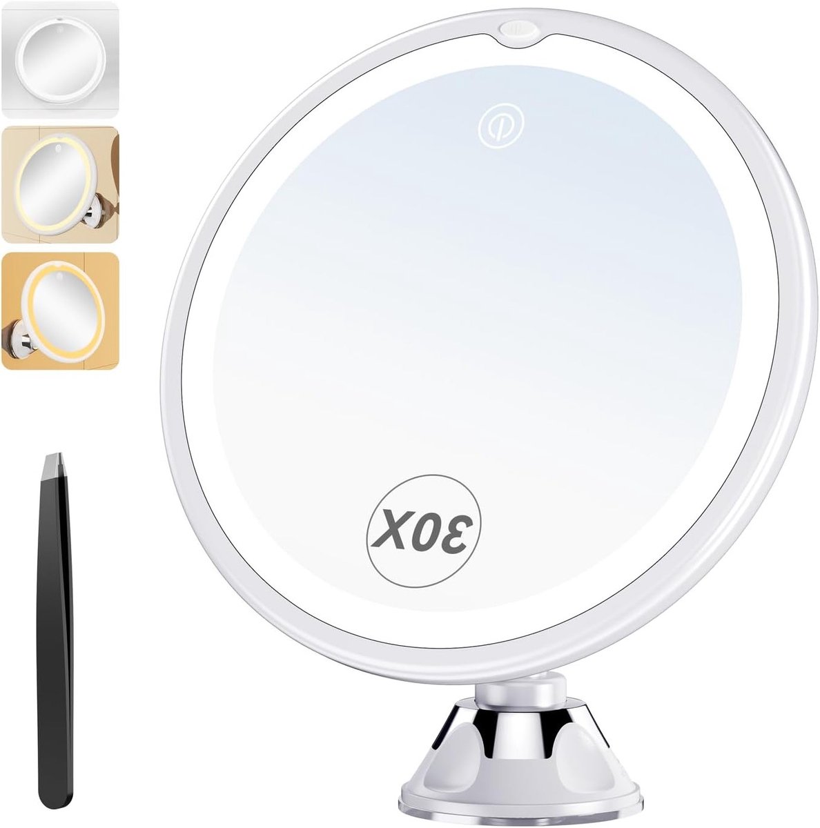 Vergrotende Make-up Spiegel met Draadloze Zuignap, 3 LED Verlichtingsinstellingen en 360° Draaifunctie voor Badkamer en Reizen