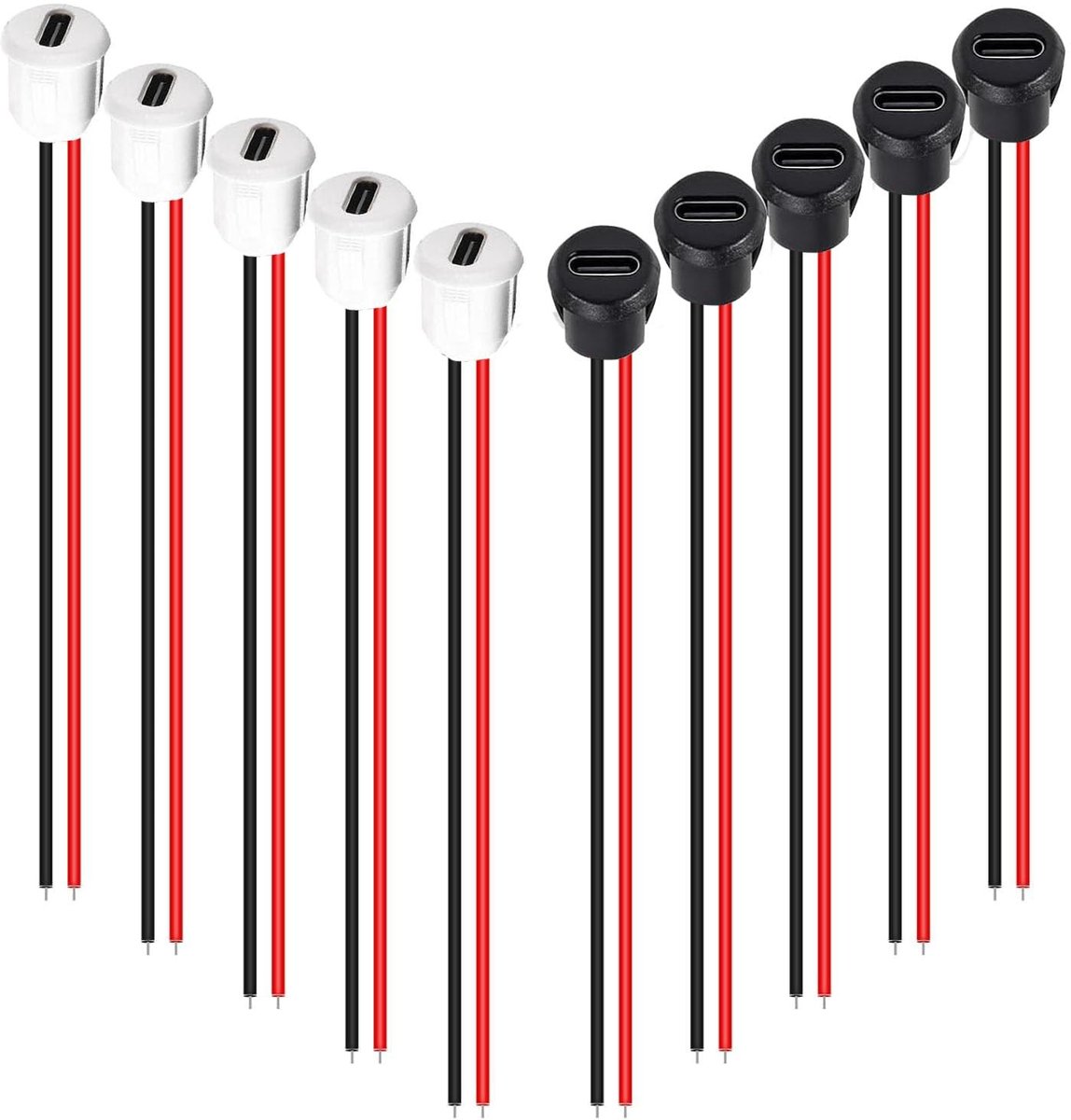 Dailygoods - Dailygoody - 10-pack USB C Sockets voor Solderen, 2 Draad, 150 mm, Zwart/Wit