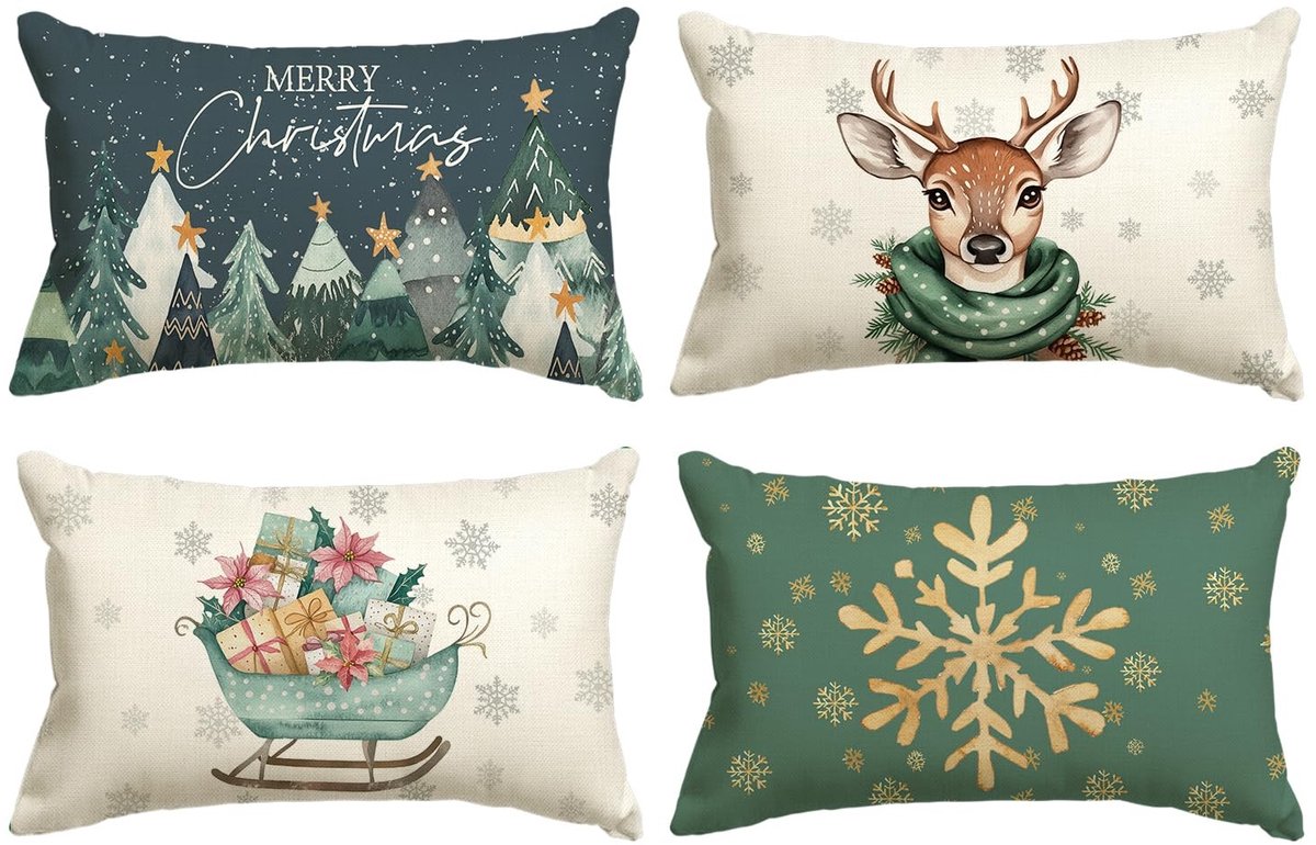 Dailygoods - Dailygoody - Kussenslopen - Kerstversiering - 30 x 50 cm - Rendier en slee - Set van 4 kussenslopen - Geschikt voor woonkamer en slaapkamer
