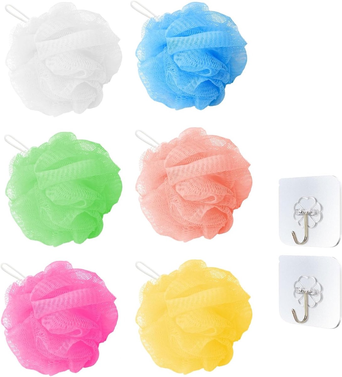 Zachte en duurzame douchespons set van 6, extra grote badspons voor lichaamscrub, peeling en massage, meerkleurig met haken, 45 g