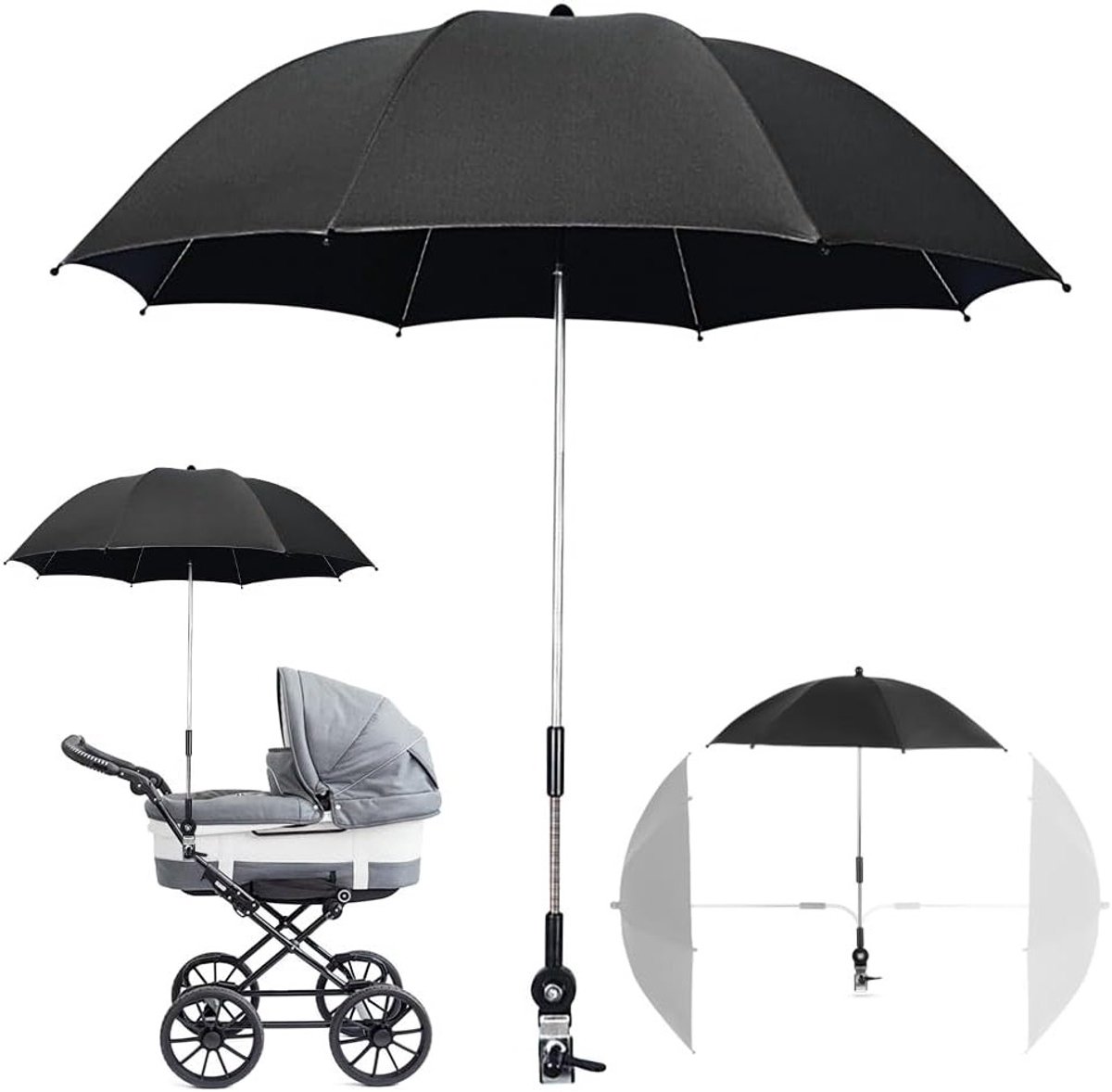 Universele parasol voor kinderwagen met UV-bescherming, UPF50+, 75 cm, zonwering, kinderwagenaccessoire, bescherming tegen zonlicht