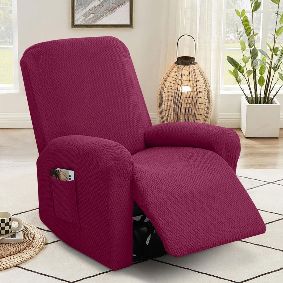 4-delige Stoelhoes Set met Zakjes, Armleuningen Bescherming, Rekbare Hoes voor Eetkamer, Lounge en TV Stoelen in Wijnrood