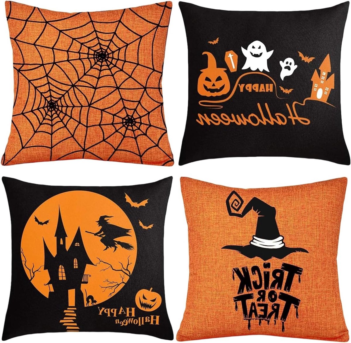 Decoratieve Halloween Kussenhoezen 45 x 45 cm Set van 4 met Pompoen, Spook en Vleermuis Patroon voor Sofa en Slaapkamer Decoratie
