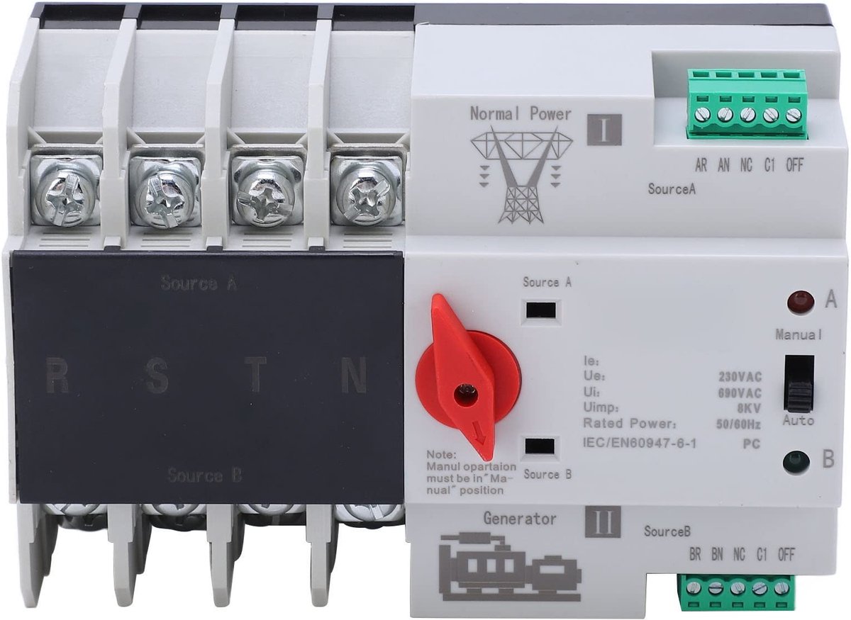 Dailygoods - Dailygoody - Automatische Overschakelingschakelaar - Noodstroom Schakelaar - 4-polig - AC 400V - Zonne-energie Oplossing - Geschikt voor PC-rail - 125