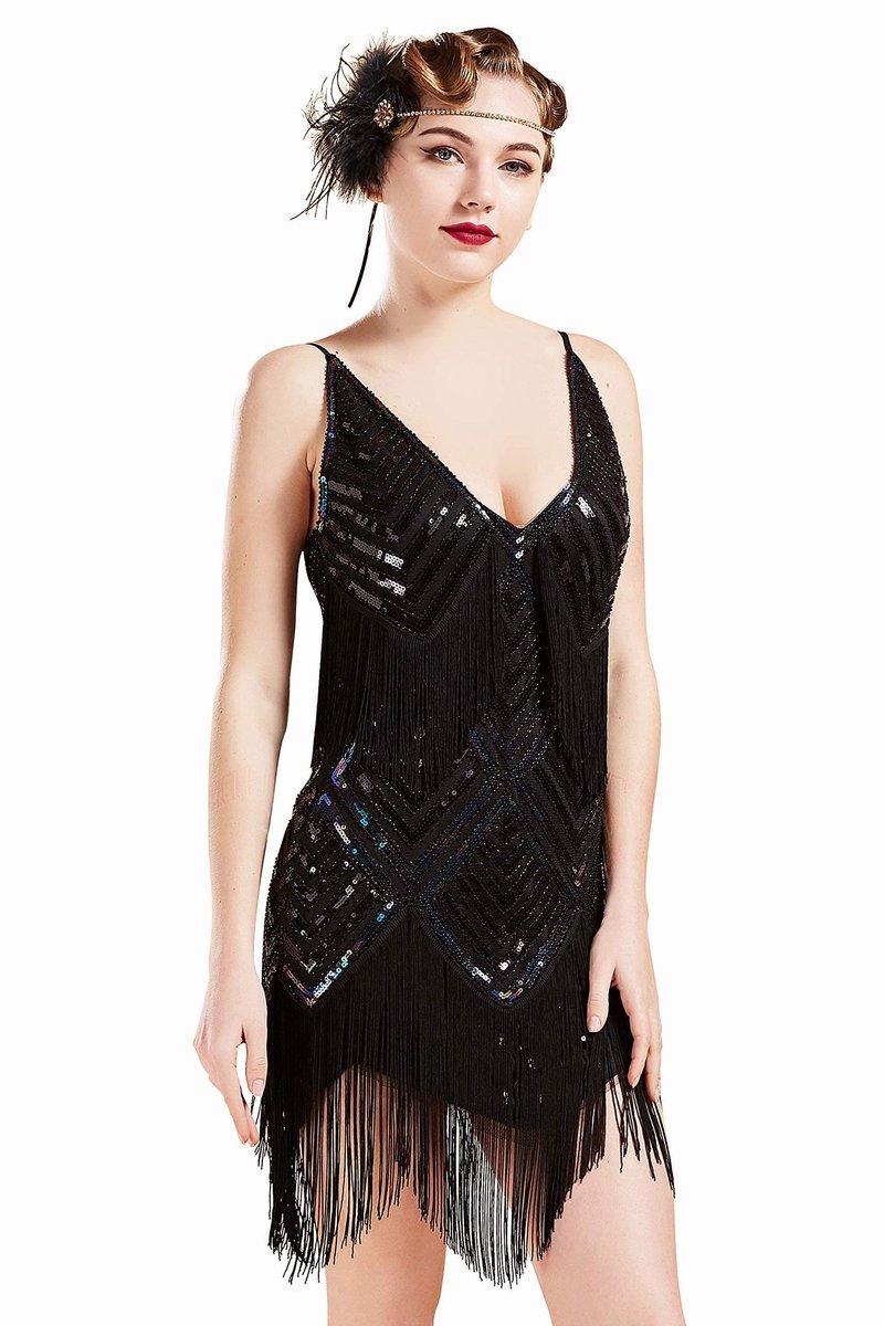 Dailygoods - Dailygoody - Flapper Dress - Cocktail Dress - Sexy V-Hals - Zwart - 1920s Thema - Perfect voor feesten - XXL
