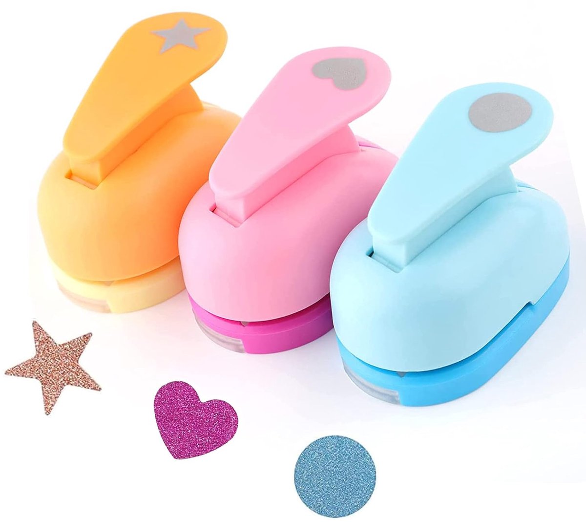 Ronde perforator - 3-delige creatieve papierperforatorset, hart- en ronde perforators, doe-het-zelf knutselgereedschap, geschikt voor knutselen, scrapbooking en kaarten maken (geel, roze, blauw)
