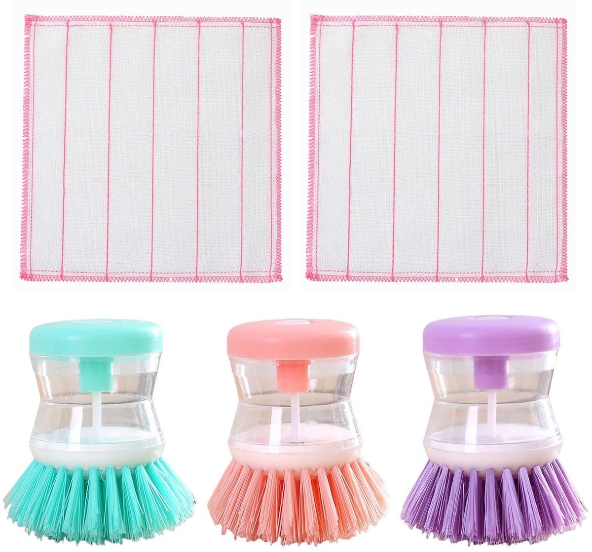 Dailygoods - Set van 3 Afwasborstels met 2 Doeken en Dispenser