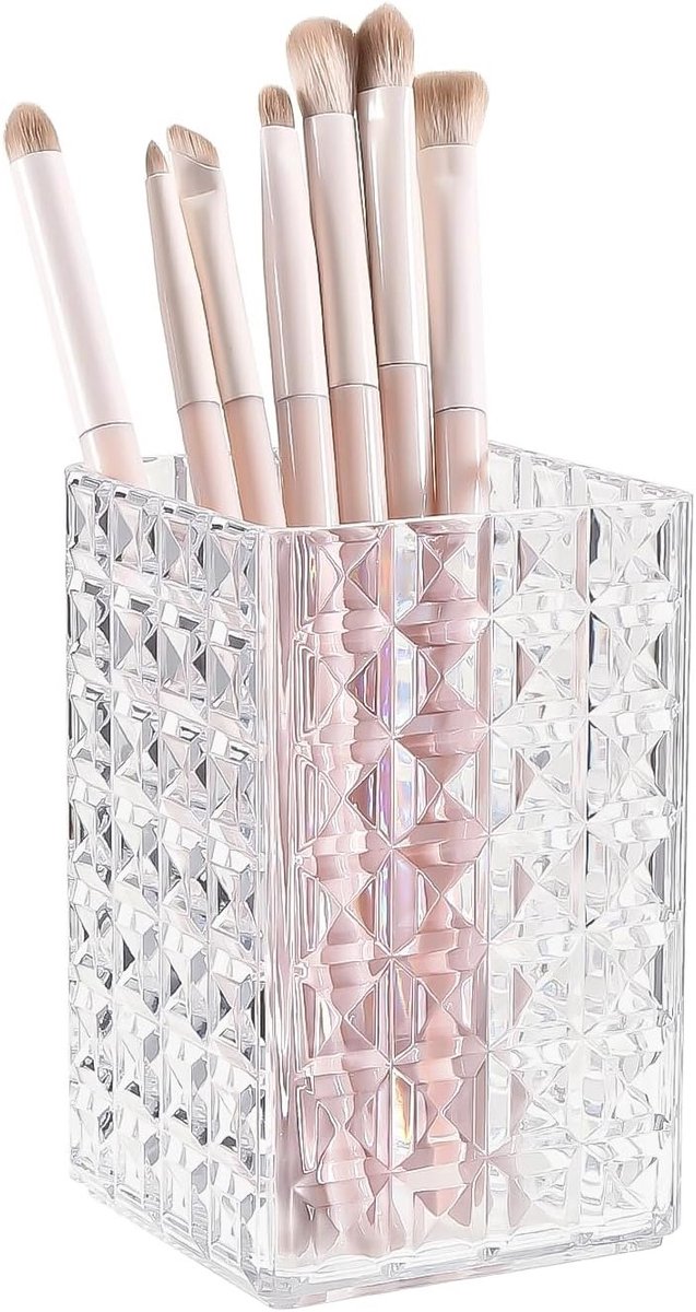Make-up borstelhouder organizer van acryl, diamant gestreepte beker voor make-up, tandenborstelhouder en pennenhouder voor badkamer en bureauopslag