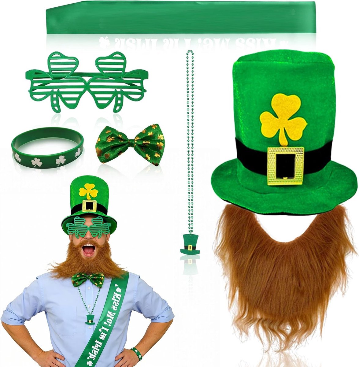 Feestelijke 7-delige kostuumaccessoires voor St. Patrick's Day met klavertje, nepbaard, strik, bril, kettingen, satijnen sjerp en armband voor volwassenen op Ierse feestjes