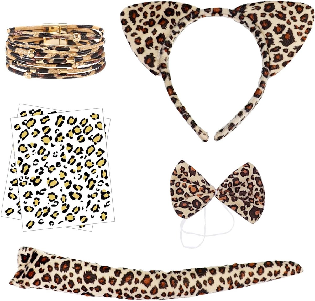 6-delige luipaardkostuumset met oren, staart, hoofdband en armband voor Halloween en feestdecoratie, ideaal voor carnaval en dierenkostuums