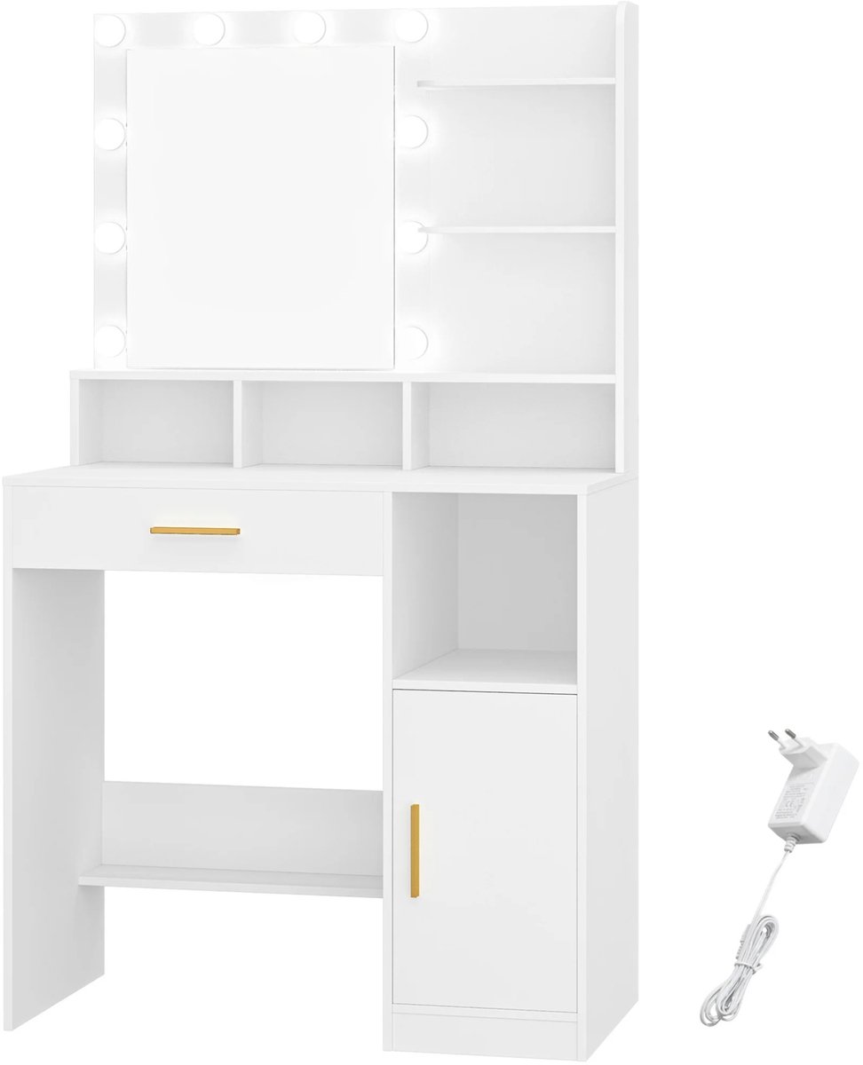 Happiq Dressing Table – Voor Slaapkamer en Make-up – Kaptafel met Spiegel, 10 LED-Lampen, 3 Planken, 4 Open Vakken en Grote Lade – Wit