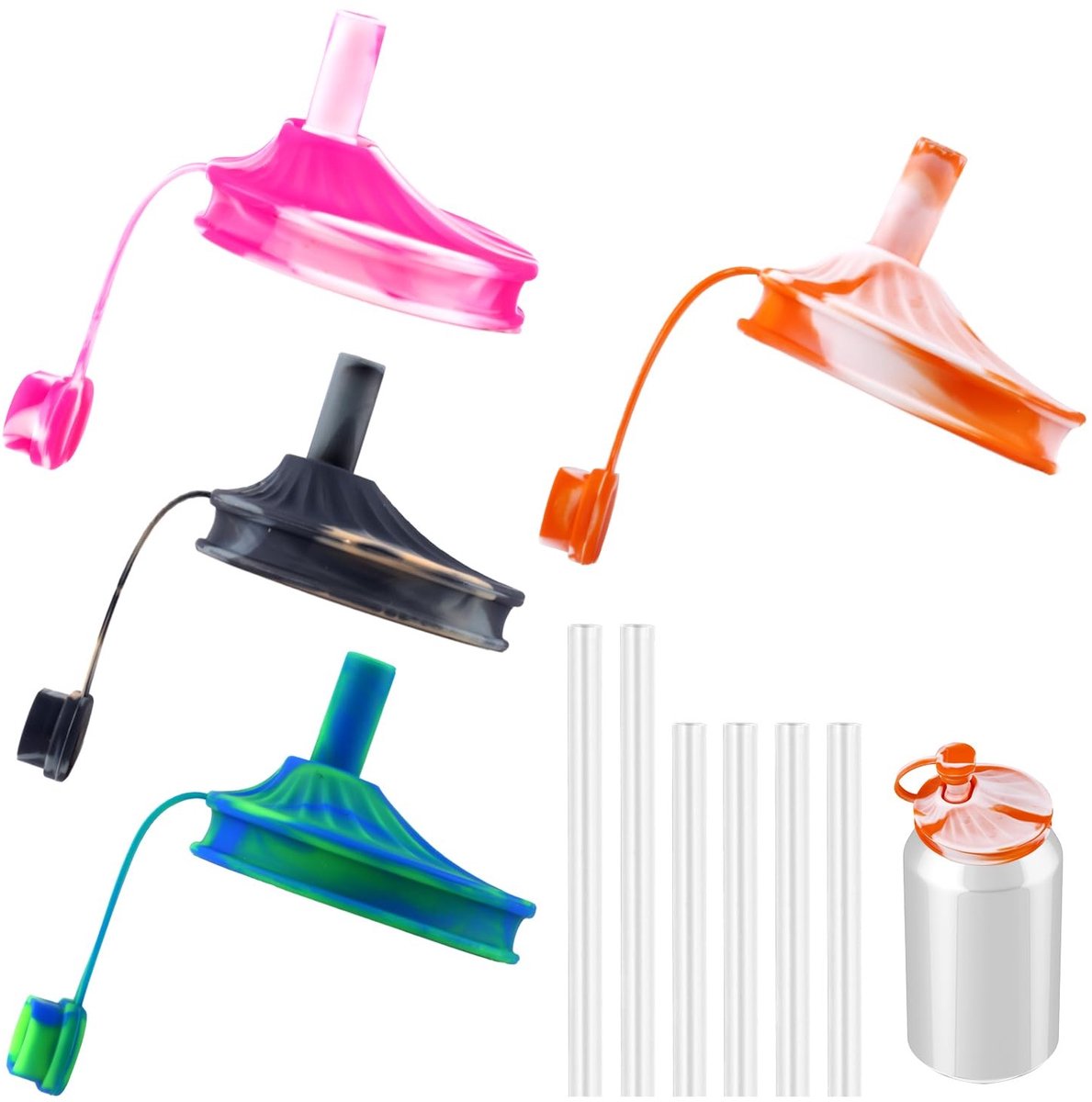 Dailygoods - Dailygoody - Blikdeksels - Herbruikbare siliconen deksels - Kleurenmix - Rietjes - Luchtdichte sluiting - Geschikt voor frisdrank - Universele pa