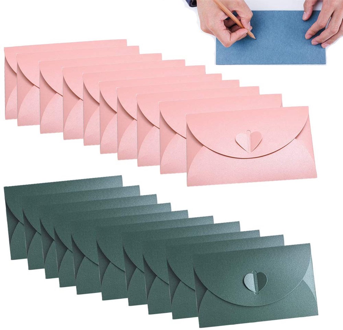 Dailygoody - Mini Cadeaukaart Enveloppen - Creatieve Enveloppen - Robuust en Duurzaam - Roze en Groen - Retro Hartvorm - Geschikt voor Feestdagen en V...