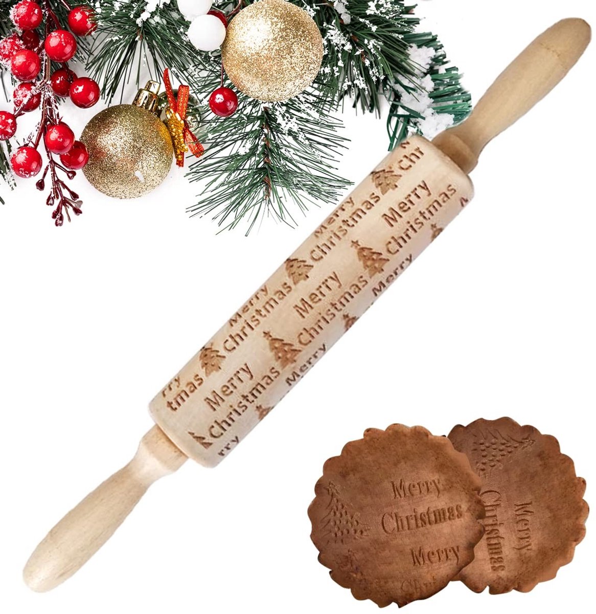 Dailygoody - Deegroller Met Reliëf - Houten Bakrol - Perfect Cadeau Voor Bakliefhebbers - Natuurlijk Hout - Deegroller Met Kerstmotief - S - Geschikt ...
