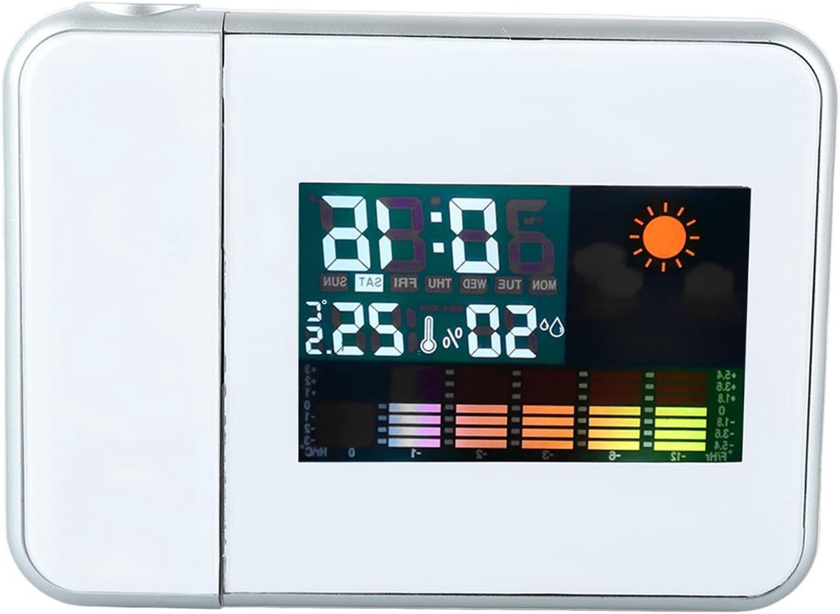 Grote LED Digitale Projectie Wecker voor de Slaapkamer met Temperatuur- en Vochtigheidsmonitoring, 180° Projector, Dubbele Geluidseffecten en 12/24 Uurweergave