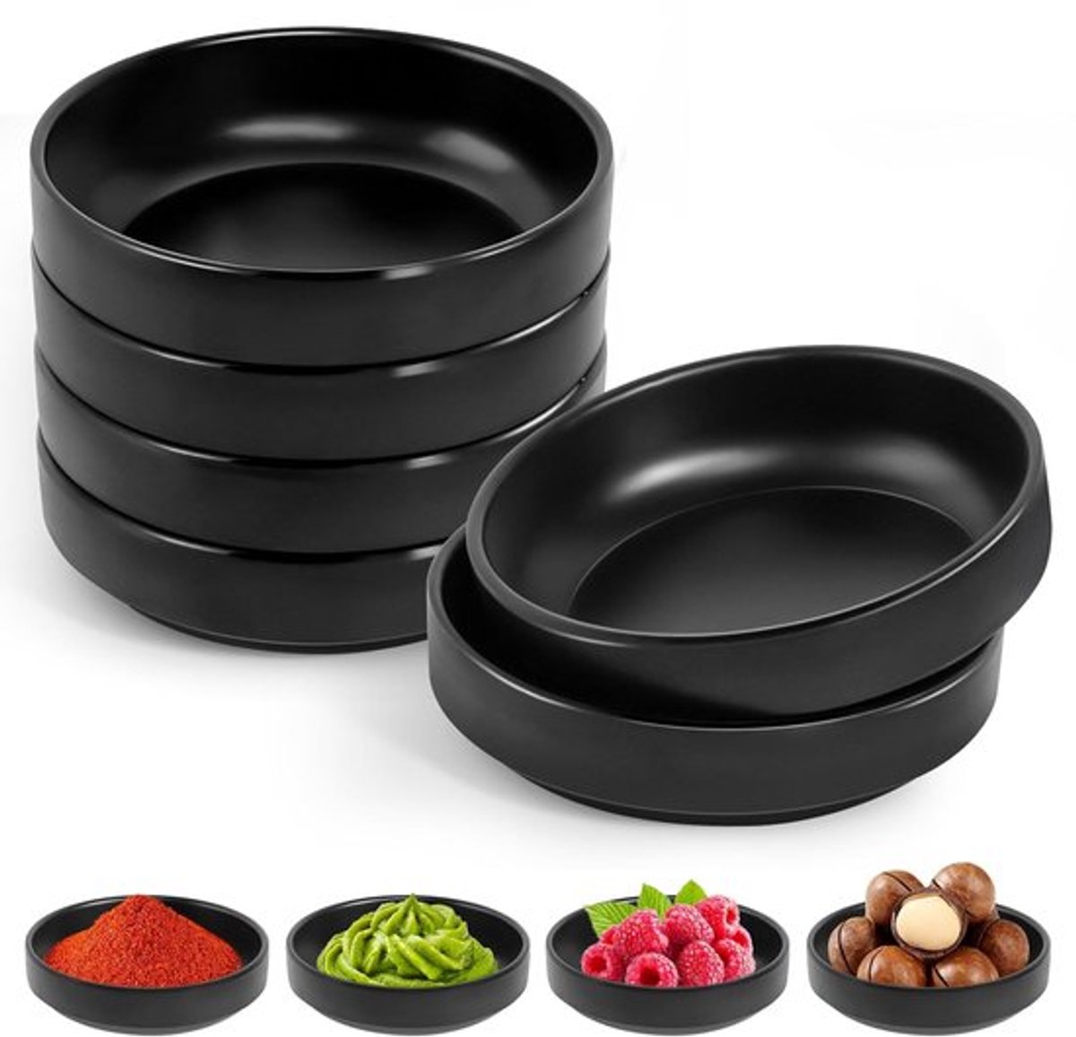 Set dipschalen - modern design - set van 6 - zwart - kunststof - 8,6 x 8,6 x 2,5 cm
