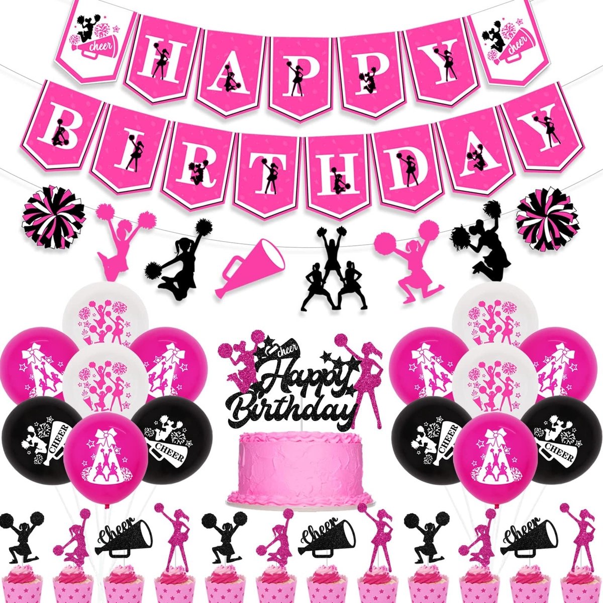 Dailygoody - Cheerleading Verjaardagsfeestje Decoraties - Verjaardagsfeest - Roze Zwart - Ballonnen Cake Topper - Meisjes - Gymnastiek Decoraties