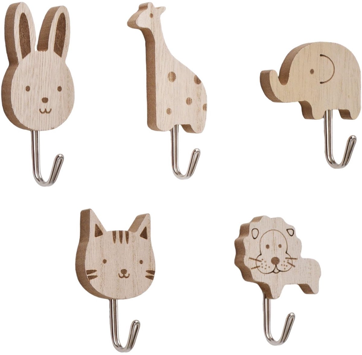 Dailygoody - Houten wandhaken - Decoratieve haken - Jungle thema - 5 stuks - Multifunctionele haken - Duurzaam en stijlvol - Geschikt voor kinderkamer