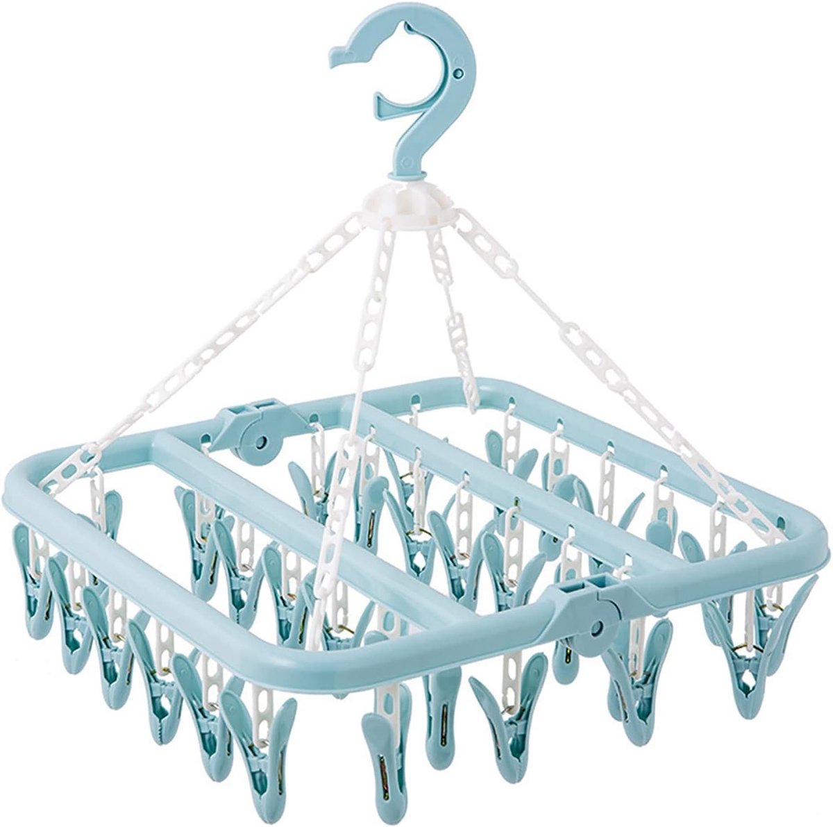 Draaibare washanger met 32 clips en winddichte haak, opvouwbaar droogrek voor sokken, ondergoed en handdoeken (blauw)