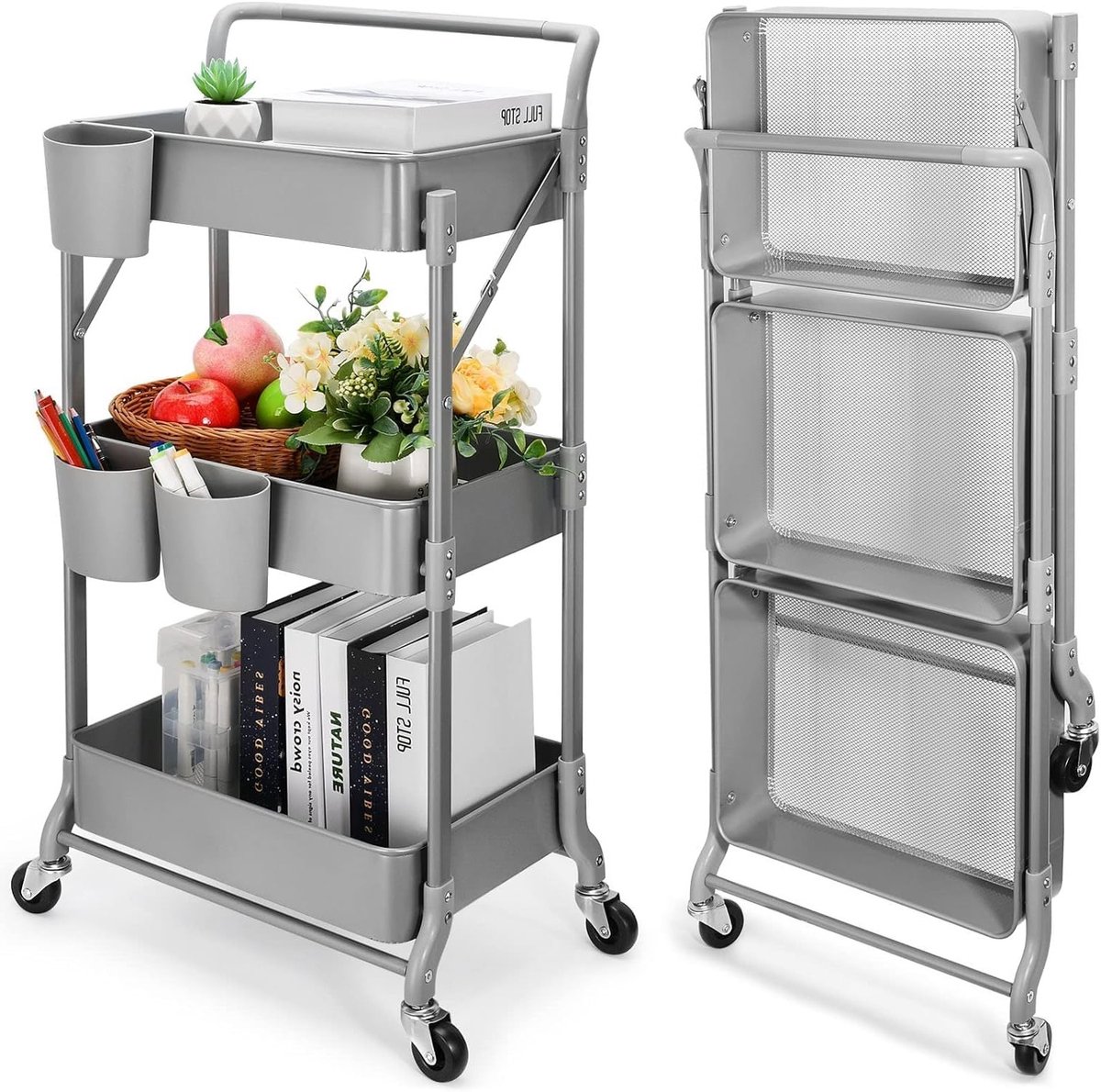 Multifunctionele Keuken Trolley met 3 Niveaus, Vouwbare Metalen Kar, Opbergrek voor Keuken, Badkamer en Kantoor (Grijs)