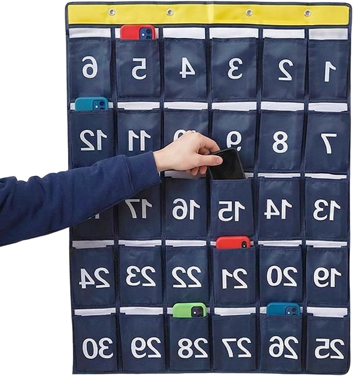Mobiele telefoongarage voor scholen met 30 genummerde vakken en 4 kleefhaken, ideaal voor klaslokalen, opbergdoos voor smartphones en tablets, marineblauw 79 x 60 cm
