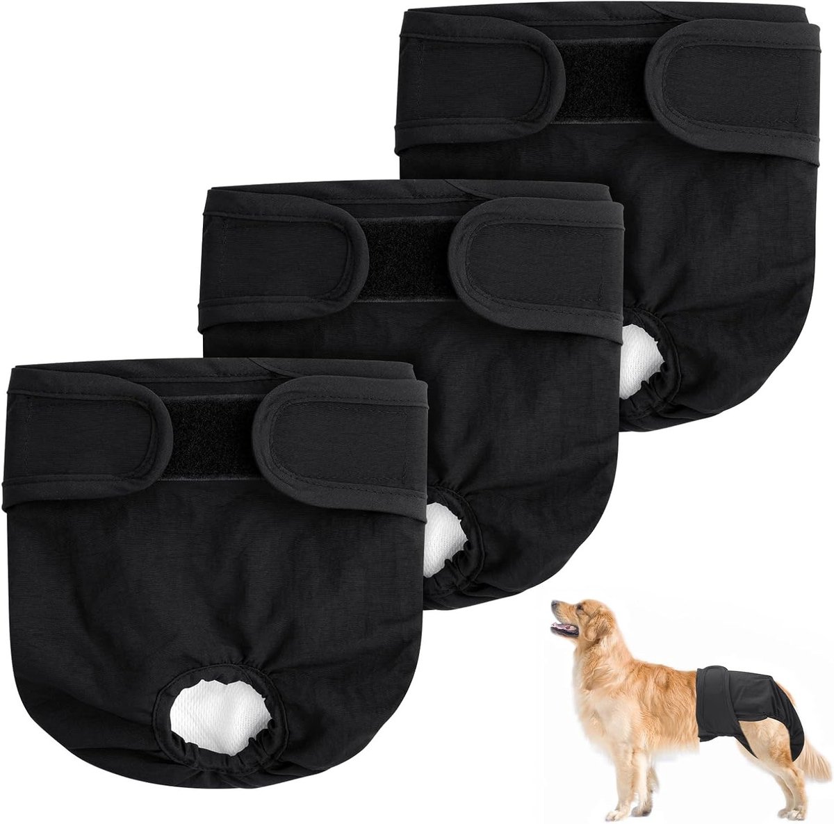 Herbruikbare Wasbare Luiers voor Teefjes - 3 Stuks, Absorberende Menstruatiebroekjes, Hygiënische Periode Pants voor Honden, Zwart (M)