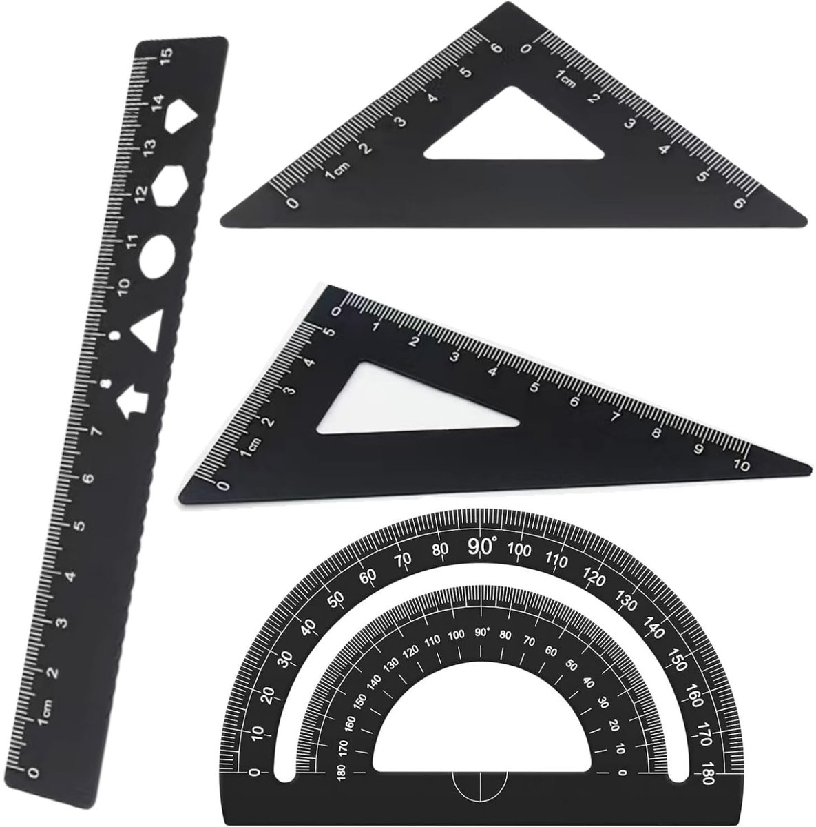 Dailygoods - Dailygoody - Metalen Liniaal Set - Linialen voor Scholen - 4 Stuks Inclusief Gradenboog en Driehoekige Schaal - Zwart - Perfect voor Ingenieurs en Arc...