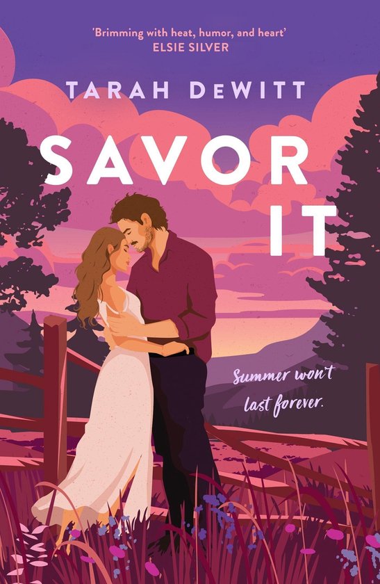 Boekcover 'Savor It' van Tarah Dewitt met een man en vrouw in een knuffelende omhelzing tegen een zonsondergang met roze en paarse tinten.