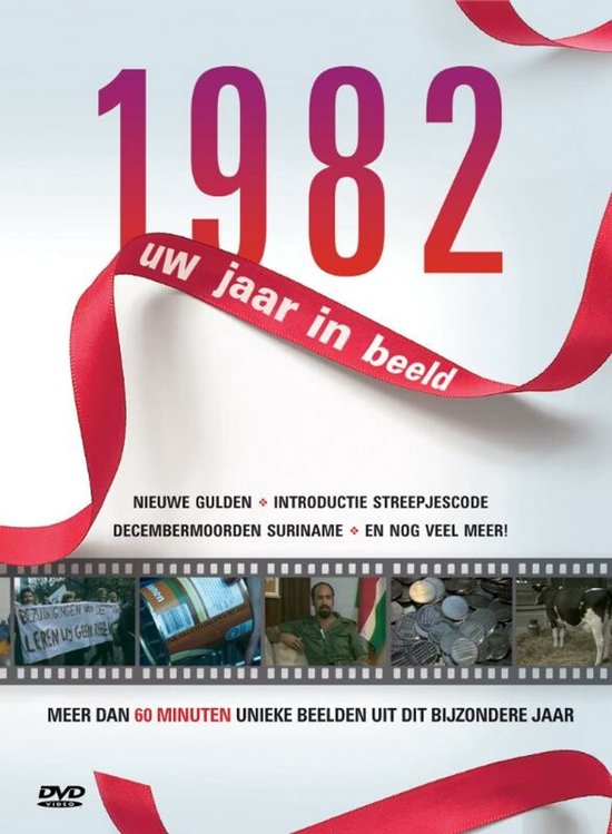 DVD cover met '1982 uw jaar in beeld' in grote letters en rode linten. Kleine beelden van nieuwsgebeurtenissen in 1982.