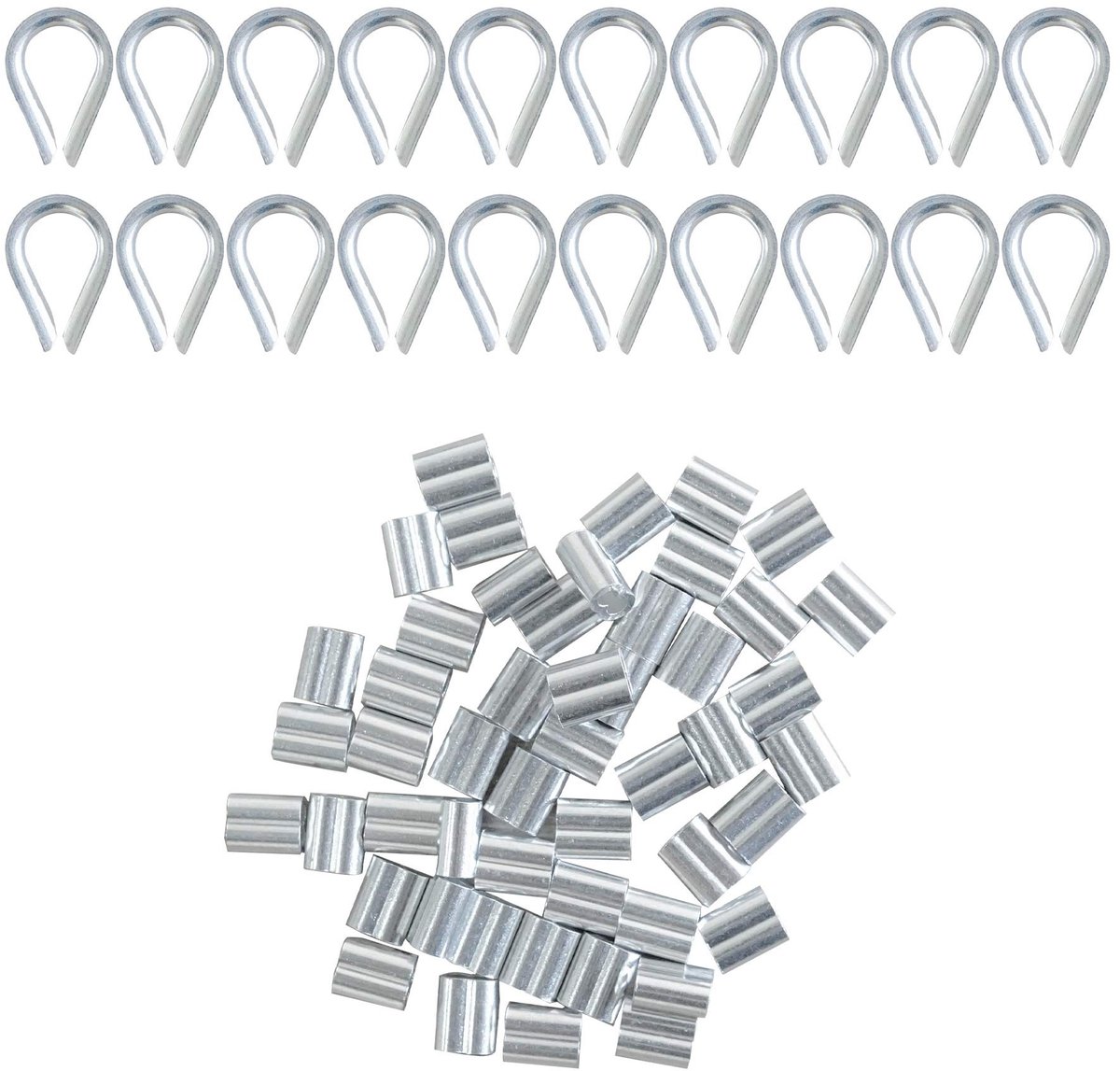 Dailygoods - Dailygoody - Wire Rope Thimble Set - Aluminium Krimplus Mouw Clips - Roestvrij Staal - Kabelklem - Draad Touw Klem - 20 Stuks en 50 Stuks - Geschikt v