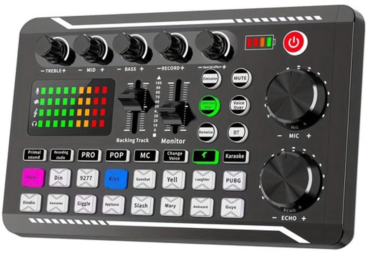 Realtime audiomixer met USB-oplaadfunctie, volumeregeling en batterij-indicator, geschikt voor karaoke, videoconferenties, gaming en livestreaming.
