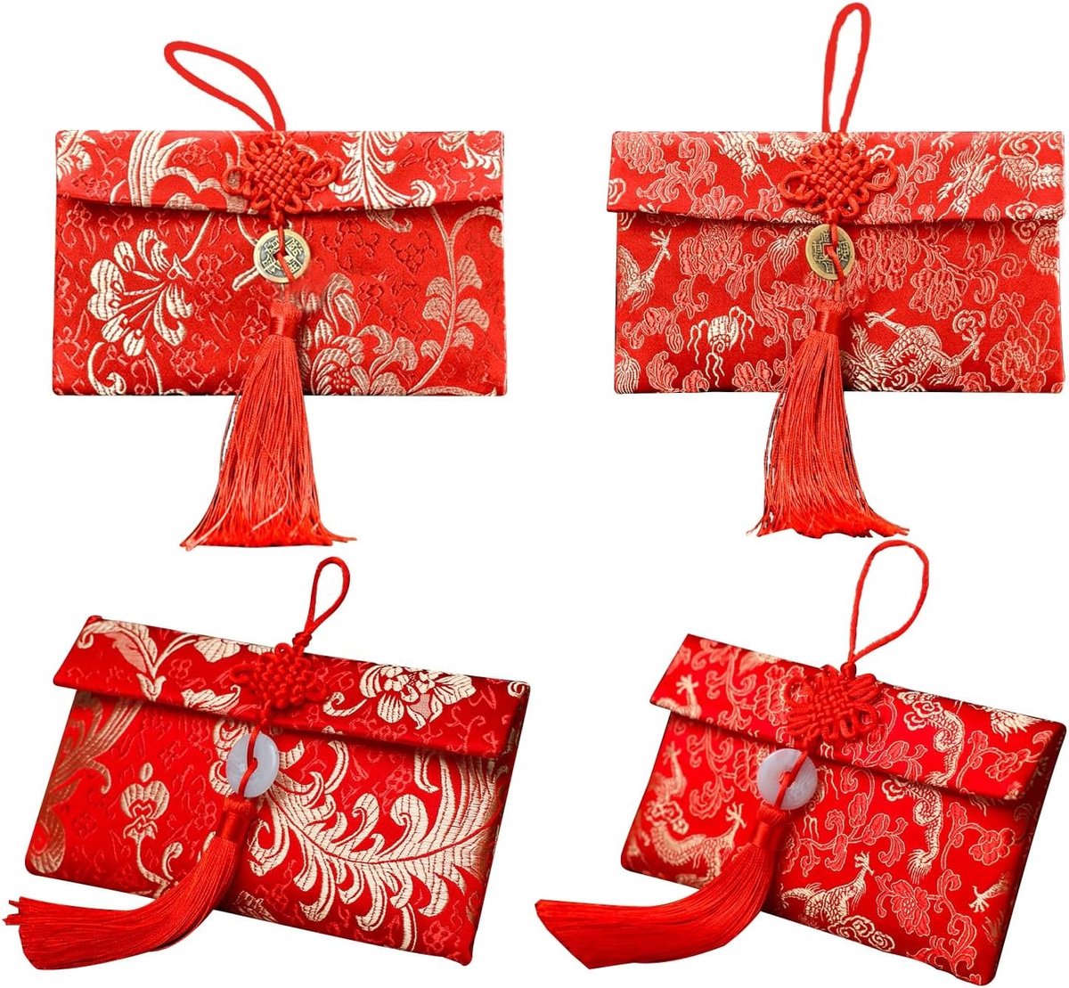 Set van 4 luxe rode zijden Hongbao, geluks-enveloppen voor het Chinese Nieuwjaar, ideaal voor bruiloften en feestdagen, met ruimte voor 100 biljetten en borduursels