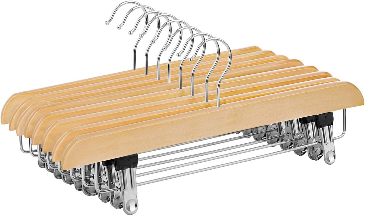 Rokhangers, set van 8, massief houten broekhangers, met antislipclips, voor broeken, korte broeken en rokken, natuurlijke kleur