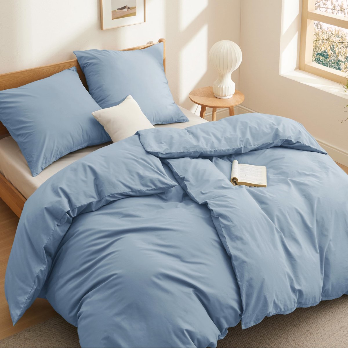 Unyqoos Beddengoedset van 100% Katoen in Tijdloos Design met Ritssluiting en Praktische Bandjes grijsblauw