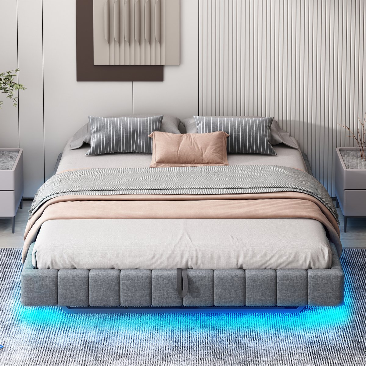 Pugsdrly Gestoffeerd bed 180x200 cm, hydraulisch lattenbodem met opbergruimte, multifunctioneel gestoffeerd bed zonder hoofdeinde met ledverlichting, grijs linnen