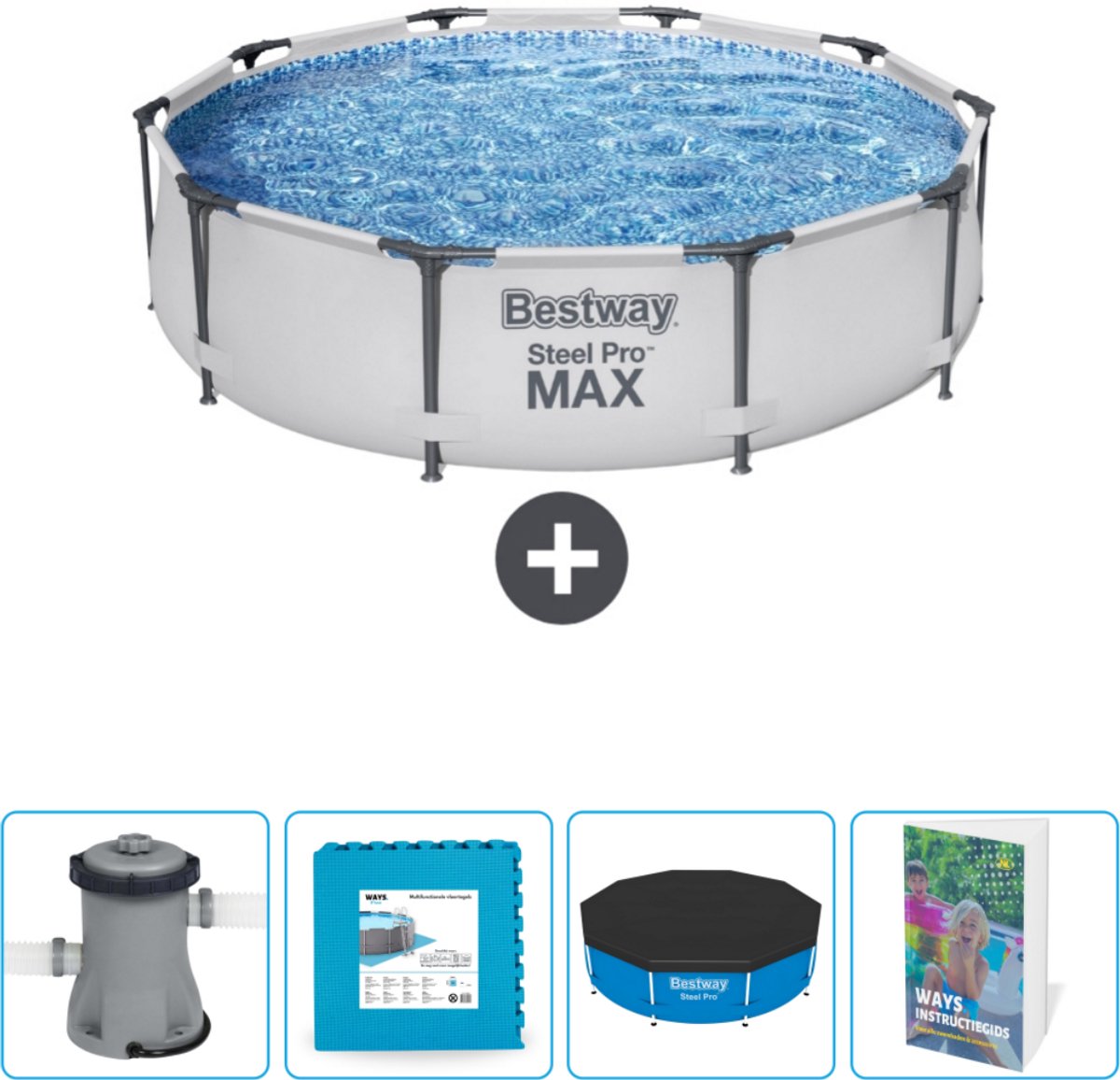 Bestway Rond Steel Pro MAX Zwembad – 305 x 76 cm – Grijs – Inclusief Pomp – Vloertegels – Afdekzeil – Zwembadgids Bestway Rond Steel Pro MAX Zwembad – 305 x 76 cm – Grijs – Inclusief Pomp – Vloertegels – Afdekzeil – Zwembadgids