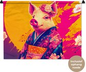Wandkleed 90x67.5 cm - Wanddoek Varken - Bloemkroon - Kimono - Abstract - Wandtapijt - Wandkleden